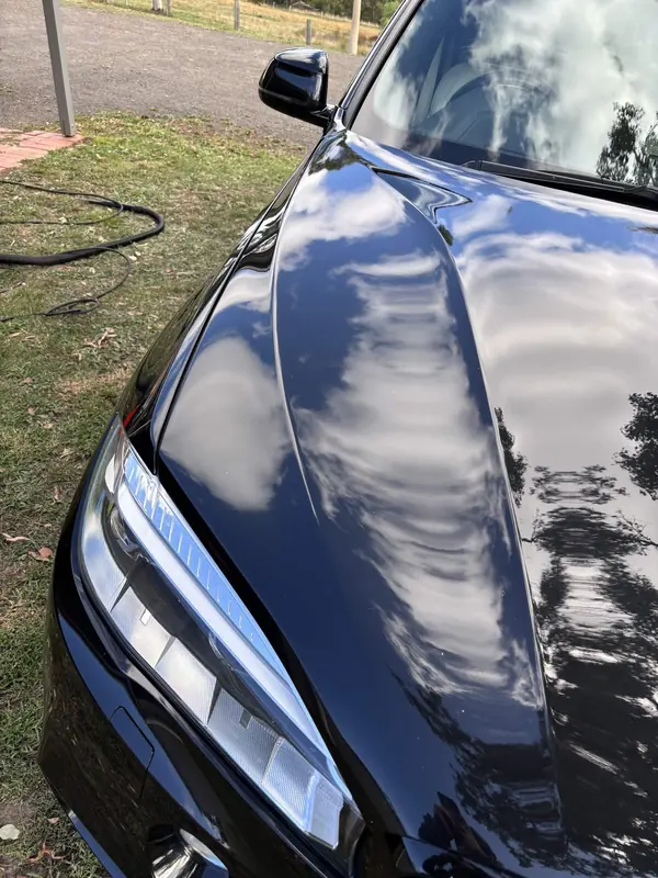 Bonnet of the black X5 reflecting sky and trees
