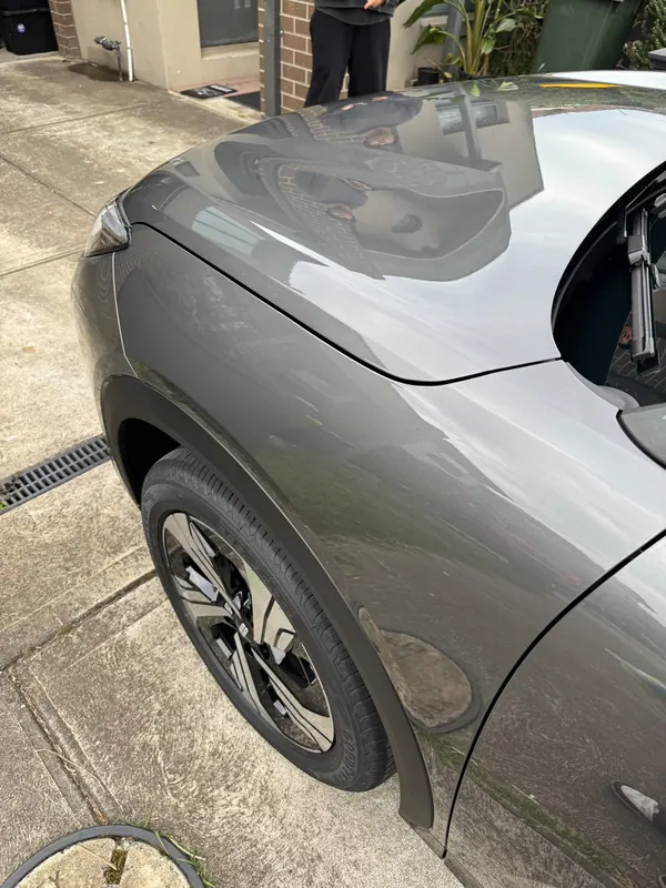 Front guard and bonnet of the Geely EX5 reflecting the house behind it