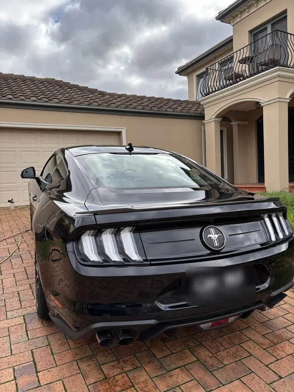 Rear of the black Mustang with its tri-bar tail lights