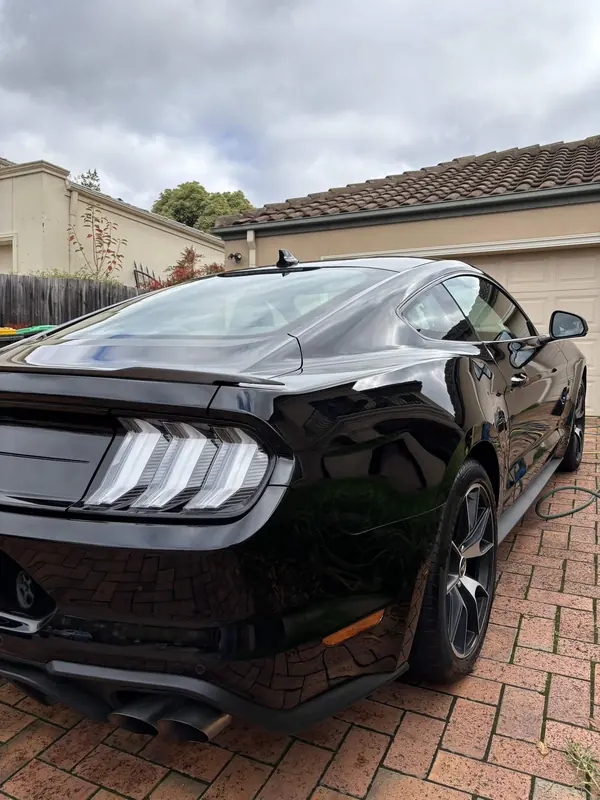 Rear three-quarter view of the black Mustang