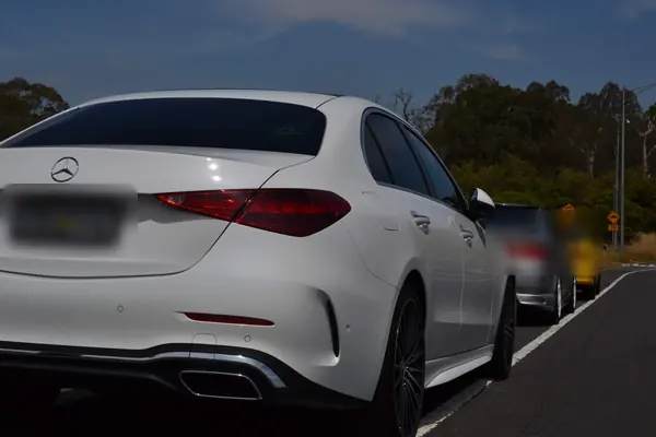 Rear of the white C-Class